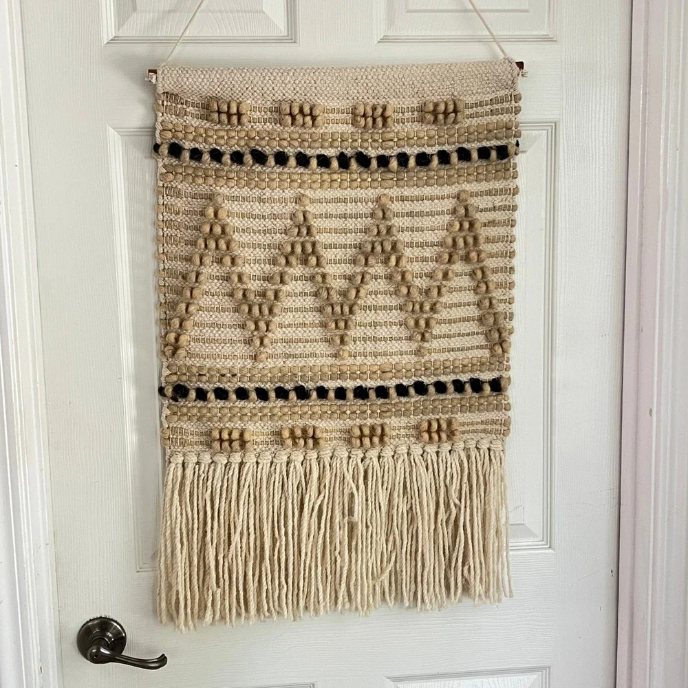 Retro Woven Wall Hanging‎ Home Decor Large Textured Fringe Cream Boho Tribal